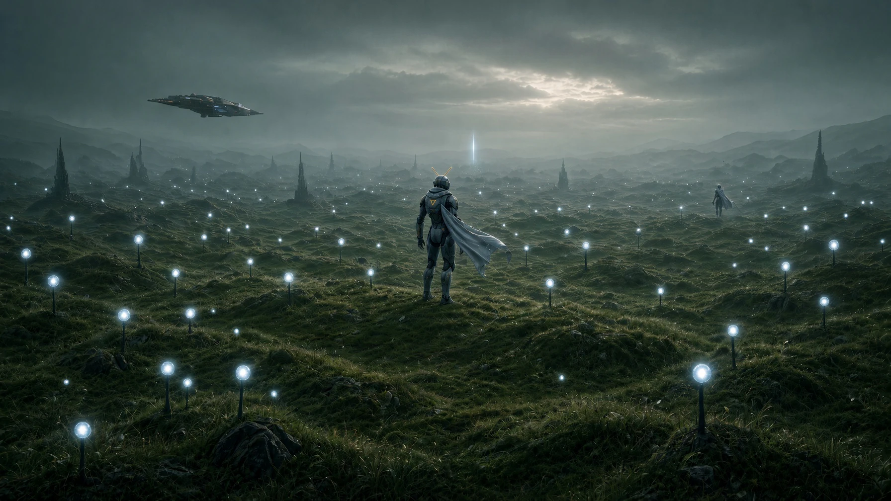 A lone Kin stands on a dark field of small lamps; a second figure stands far off, and a ship hangs under the cloud.